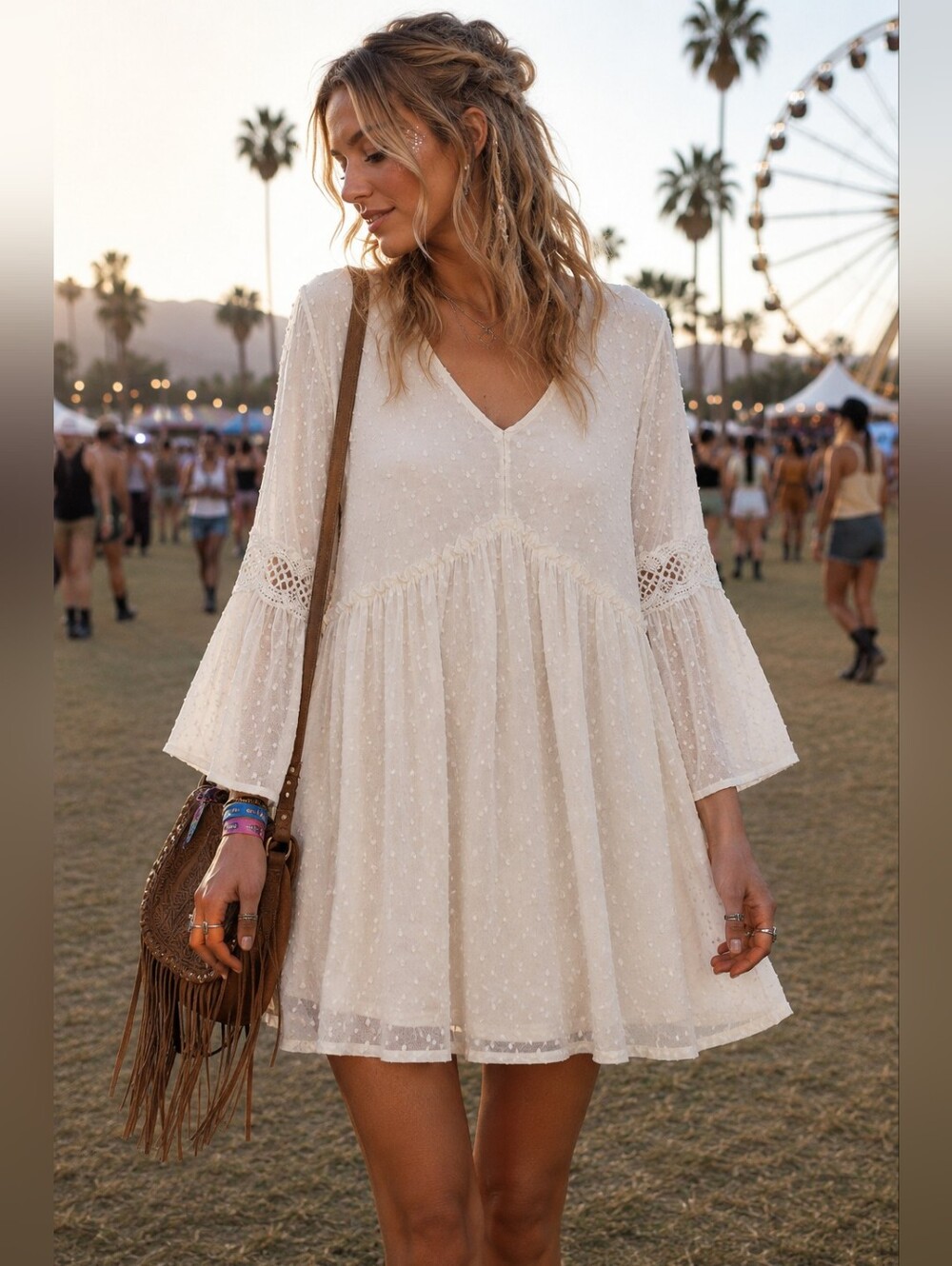 Miss Me Cream Swiss Dot Lace Bell Sleeve Babydoll Dress Large